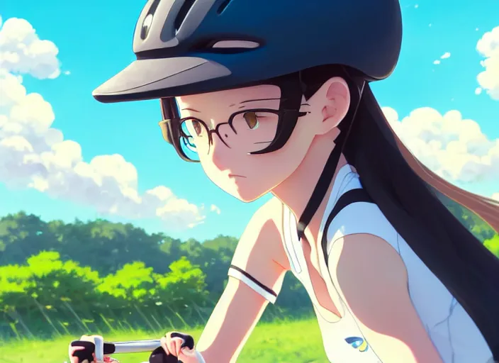 Prompt: portrait of cute girl riding road bike, sunny sky background, lush landscape, illustration concept art anime key visual trending pixiv fanbox by wlop and greg rutkowski and makoto shinkai and studio ghibli and kyoto animation, symmetrical facial features, sports clothing, kask protone icon, nike cycling suit, backlit, aerodynamic frame