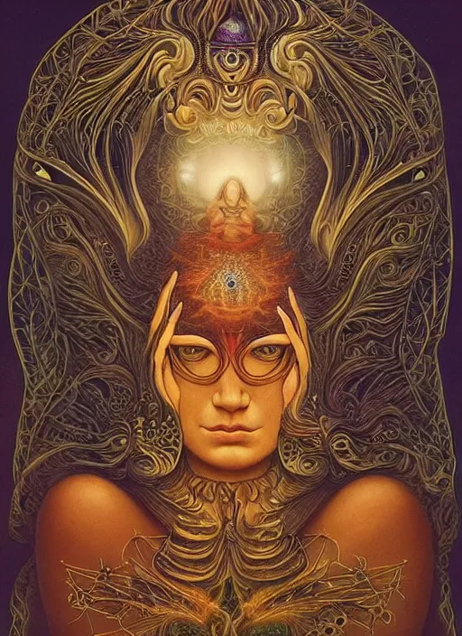 Image similar to portrait ultra dimensional enlightened cult woman shaman, enlightenment tripping on dmt, psychedelic experience, intricate detail, surrealism masterpiece composition, by michael parkes, casey weldon