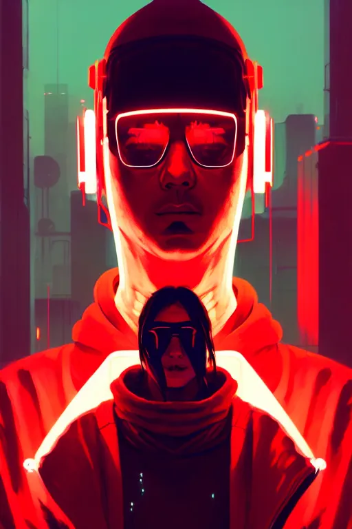 Image similar to cyberpunk synth, hyper - realistic portrait of a man in a white and red hoodie, cyberpunk, by atey ghailan, by greg rutkowski, by greg tocchini, by james gilleard, by joe fenton, by kaethe butcher, dynamic lighting, gradient light blue, brown, neon cinematic lighting color scheme, sharp focus, grunge aesthetic