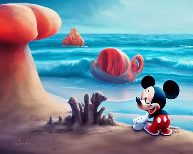 Image similar to Mickey mouse sitting next to terrifying sea creatures on a creepy beach, digital art, by Daniel Conway, super detailed, artstation