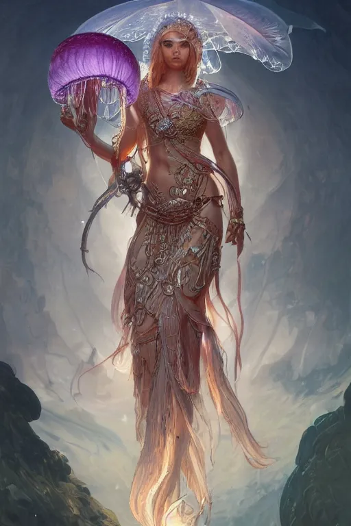 Prompt: a portrait of anthropomorphic jellyfish warrior goddess, D&D, fantasy, intricate, highly detailed, digital painting, artstation, concept art, smooth, sharp focus, illustration, art by artgerm and greg rutkowski and alphonse mucha