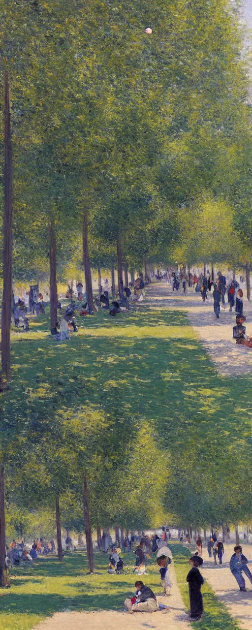 Image similar to a beautiful boulevard in full bloom, people on a picnic, noon, Gustave Caillebotte, artstation, 8k