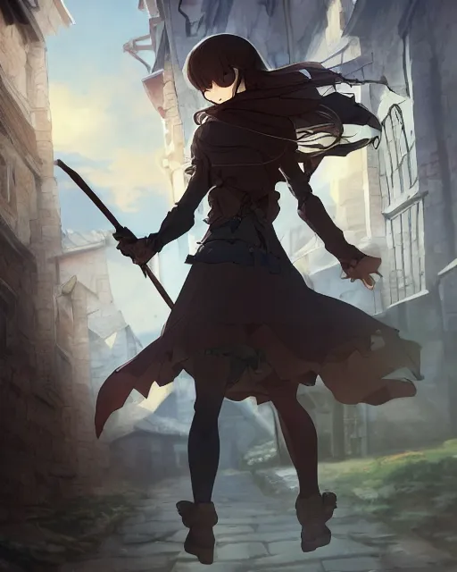 Image similar to pixiv, key anime visual portrait of a young female walking through a medieval village, dynamic pose, dynamic perspective, cinematic, dramatic lighting, detailed silhouette, film grain, yoshitaka amano, tending on artstation, face by yoh yoshinari, detailed, intricate