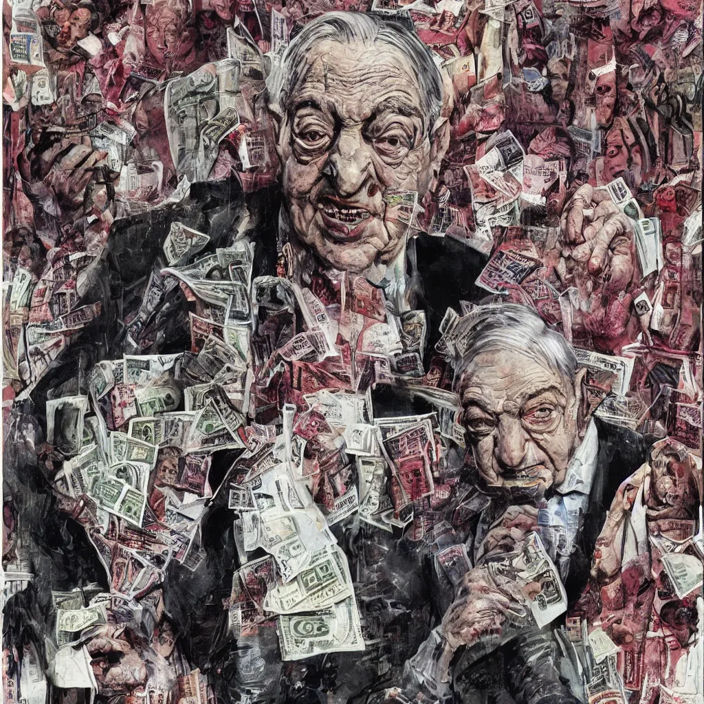 Image similar to George Soros full body shot, dollar bills Body horror, biopunk, by Ralph Steadman, Francis Bacon, Hunter S Thompson