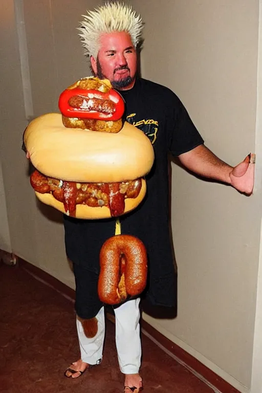 Image similar to a grainy photo of Guy Fieri standing in a hallway holding an enormous hot dog in a bun