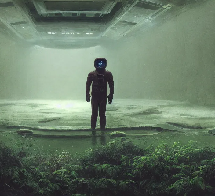 Prompt: Matte Painting of an astronaut in an empty dark flooded ballroom overgrown with aquatic plants, film still from the movie directed by Denis Villeneuve with art by zdislav beksinski and wayne barlowe, cyberpunk, highly detailed, trending on artstation, wide lens, dark and foreboding.