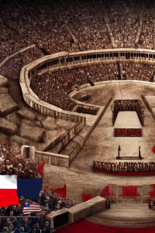 Image similar to putin vs joe biden inside a gladiator arena, 4 k, high res, realistic