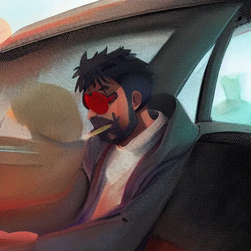 Prompt: saudi arab man smoking inside a car, anime digital art in the style of greg rutkowski and craig mullins, 4 k