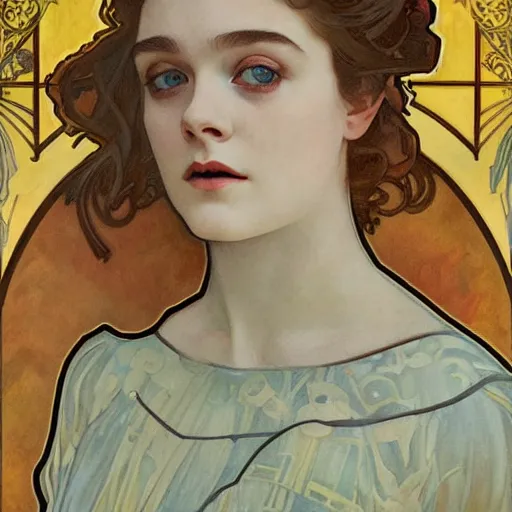 Prompt: professional painting of Elle Fanning in the style of Alphonse Mucha, head and shoulders portrait, symmetrical facial features, smooth, sharp focus, illustration, intricate, stormy weather, extremely detailed masterpiece,