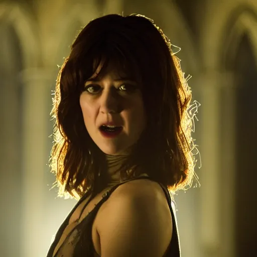 Image similar to mary elizabeth winstead as a vampire menacingly flashing her fangs in a gloomy gothic cathedral at night