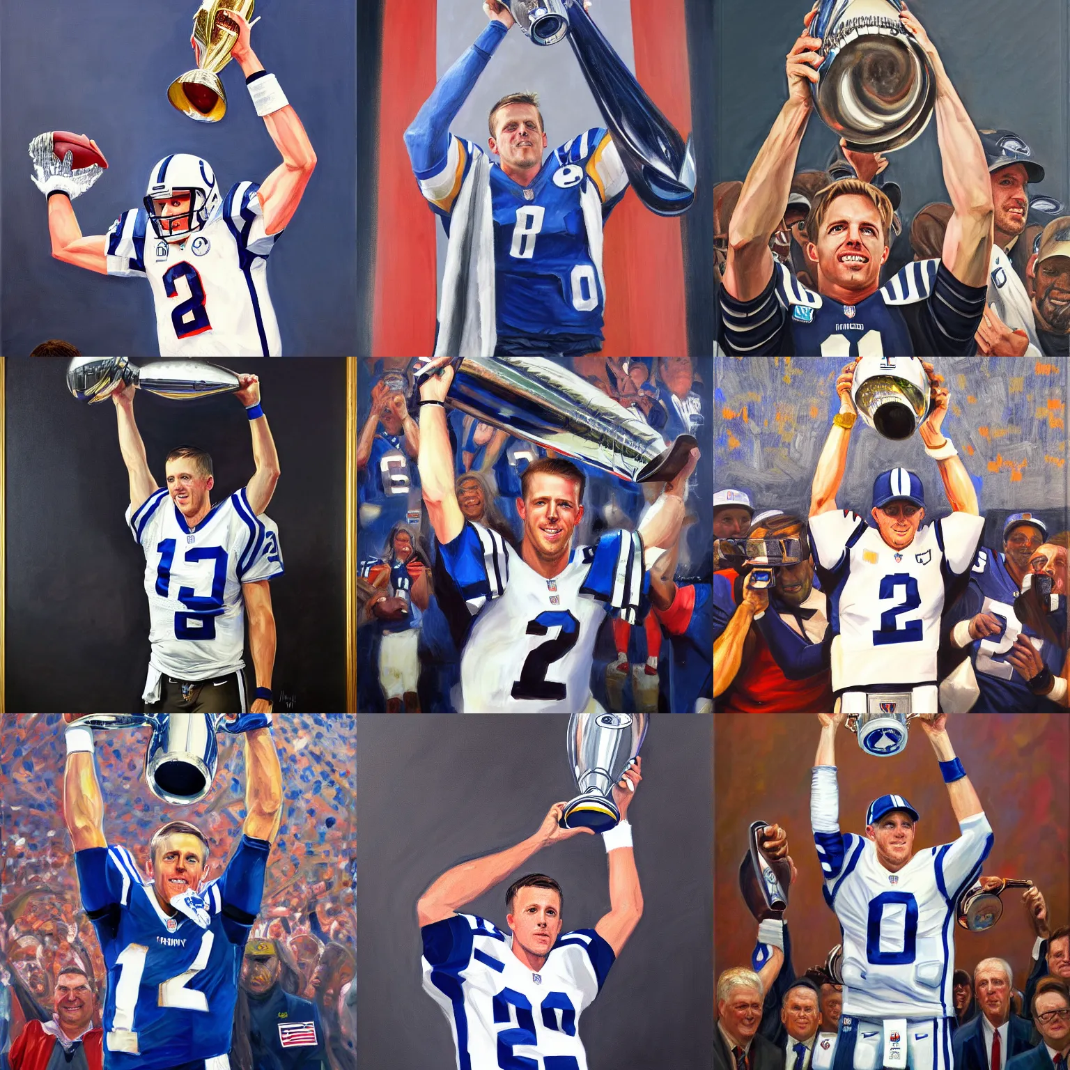 Prompt: portrait of triump, indianapolis colts qb matt ryan lifting the lombardi trophy, oil on canvas by william sydney mount, trending on artstation