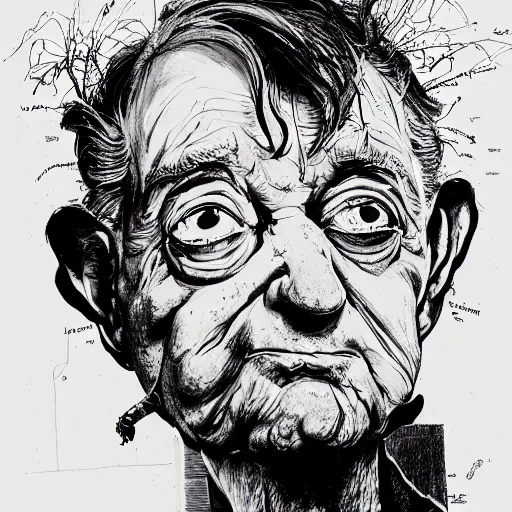 Image similar to George Soros by Ralph Steadman, illustration, body horror, biopunk