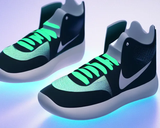 Prompt: 3D render of mid height nike sneakers with a new futuristic design, futuristic style, creative design, highly detailed, award winning, unreal engine 5, studio lighting, neon background