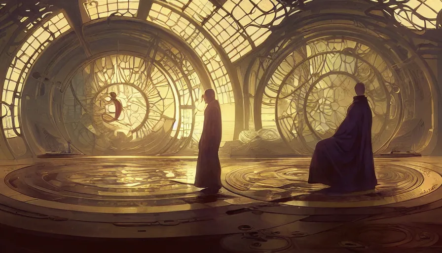 Image similar to a religious scifi room, monk doing tai chi on a floating circular platform in the center, symmetrical shot, center framing, elegant, cinematic shot, intricate digital painting artstation concept art smooth sharp focus illustration, art by artgerm and greg rutkowski and alphonse mucha