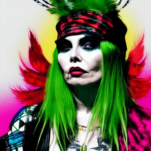 Image similar to portrait of debbie harry as a punk woman with green mohawk, neotraditional tattoos, fishnets, long tartan skirt as phoenix queen, feathers, wings, rainbow clothes,, sci - fi, intricate and very very beautiful and elegant, highly detailed, digital painting, artstation, smooth and sharp focus, illustration, art by tian zi and wlop and alphonse mucha