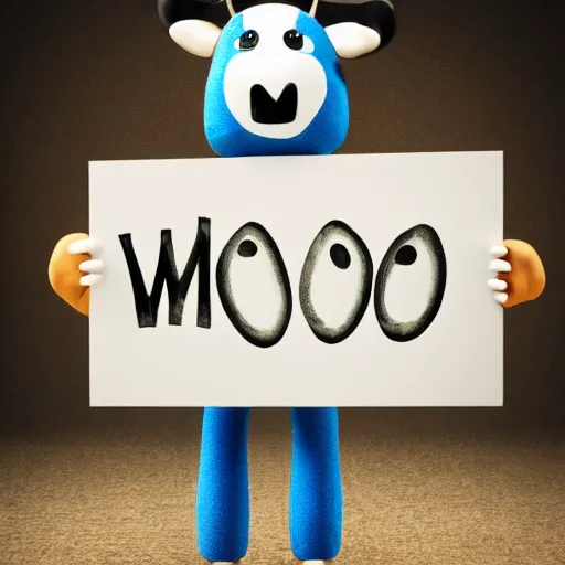 Image similar to a humanoid cow holding a sign that says'mooo ', letters coloured blue, digital art, trending on artstation and unreal engine, smooth, sharp focus, hyperdetailed