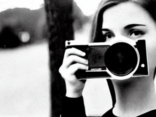 Image similar to beatnik girl holding a Polaroid camera, film still by Jean-Luc Godard, nouvelle vague, color film