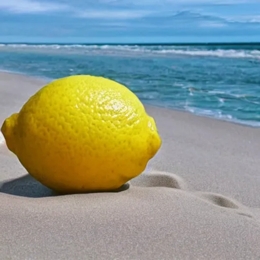 Prompt: a lemon wearing shades on a beach, hyper realistic