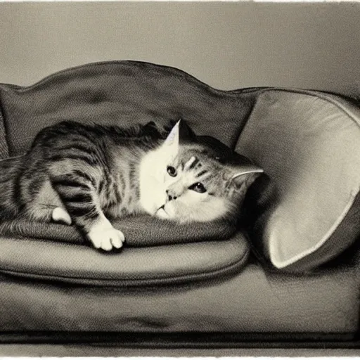 Image similar to a cat sitting on the head of a boy sleeping on a couch, by gerald grom