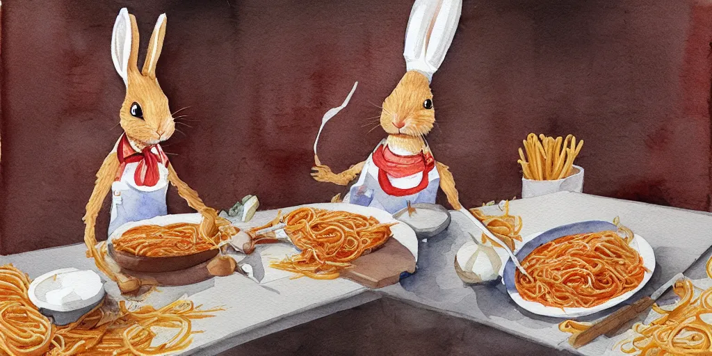 Image similar to a rabbit dressed as a chef cooks spaghetti bolognese in a french kitchen, watercolour
