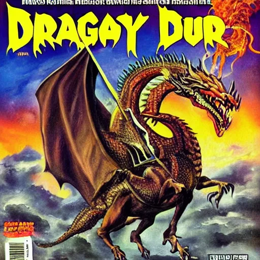 Image similar to heroic painting of Saul Goodman riding a dragon as the cover of a Heavy Metal magazine from the 1980s