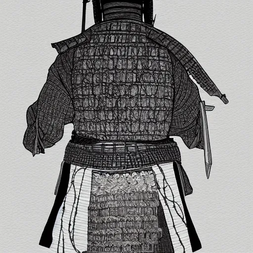 Image similar to A PORTRAIT FROM BEHIND OF A SAMURAI ,THE THE MAN IS WRAPPED IN CHAINS ,detailed, concept art, ink style , sketch