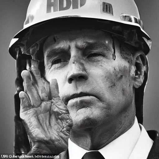 Prompt: Joe Biden as a coal miner, high detail, portrait, close up, dirty, hard hat, smear, smudge, grit