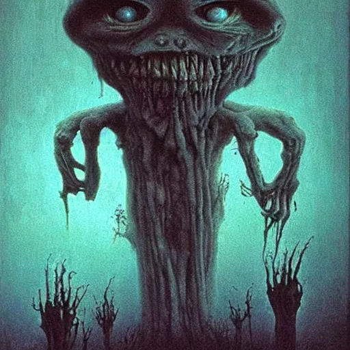 Prompt: smurfs beksinski, eldritch, terrifying, creepy creature, horror spooky