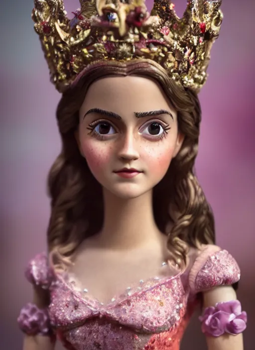 Image similar to closeup face profile portrait of tin toy emma watson as a fairytale princess wearing a crown eating cakes, bikini, depth of field, zeiss lens, detailed, symmetrical, centered, fashion photoshoot, by nicoletta ceccoli, mark ryden, lostfish, breathtaking, 8 k resolution, extremely detailed, beautiful, establishing shot, artistic, hyperrealistic, octane render