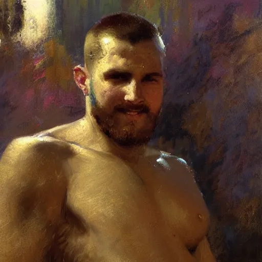 Image similar to a man with a buzz cut haircut, painting by Gaston Bussiere, Craig Mullins