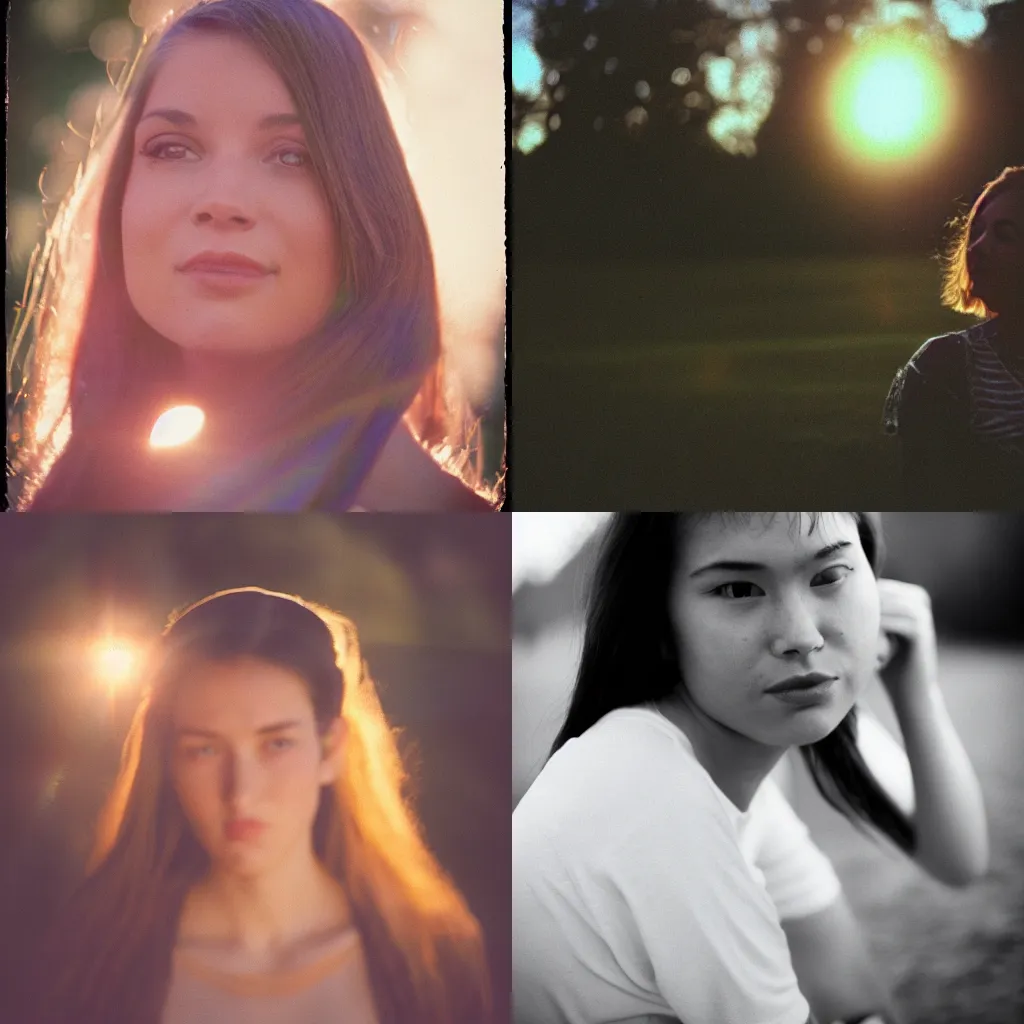 Prompt: a realistic portrait photography of a woman. 35mm film. cinematic. warm light. lens flare.