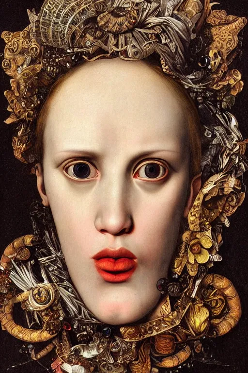 Image similar to Detailed maximalist portrait with large lips and with large eyes, sad expression, HD mixed media, 3D collage, highly detailed and intricate illustration in the style of Caravaggio, dark art, baroque