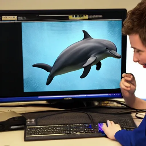 Prompt: A dolphin wearing a chemist outfit playing games on a computer, 4k, award-winning photography