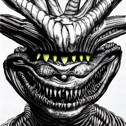 Image similar to alien trump, sharp teeth, by h. r. giger, nightmare fuel, nightmarish, intricate, highly detailed, optical illusion, stranger things demogorgon