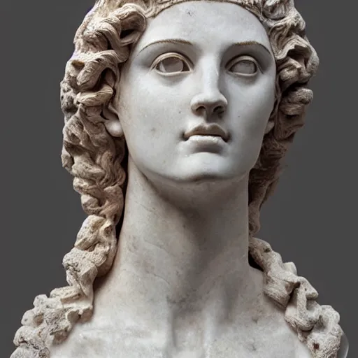Prompt: most aesthetic and virtuous marble sculpture of Helen of troy, realistic, atmospheric lighting, masterpiece, extremely detailed