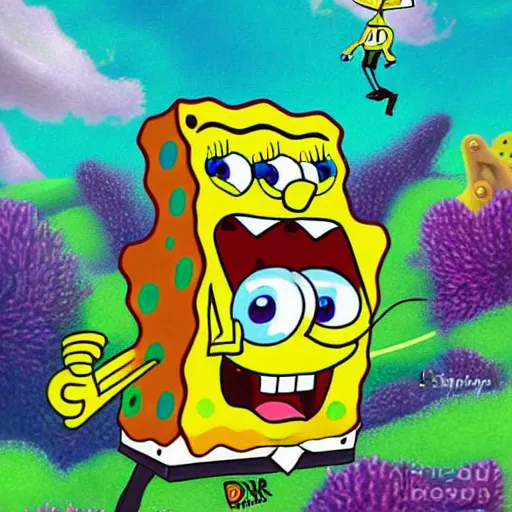 Image similar to spongebob squarepants under weed clouds, digital art, amazing detail, by Lulu Chen