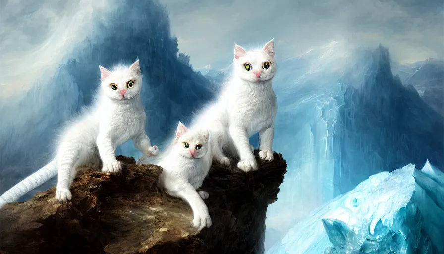 Image similar to highly detailed painting of white cute baby scaled ridge backed dragon cats on a blue and white iceberg by william turner, by greg rutkowski, by william constable, thick brush strokes and visible paint layers, 4 k resolution