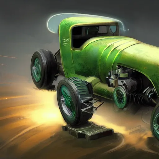 Prompt: Rusty transformer of a 1920 race car, autobots, transformer, soft green lighting, highly detailed, digital painting, artstation, concept art, smooth, sharp focus, illustration