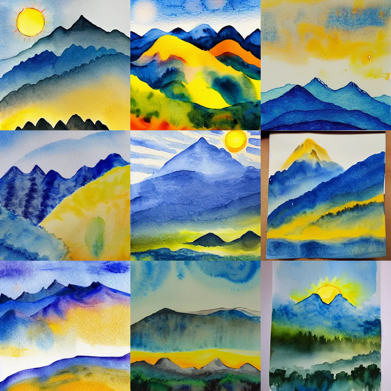 Prompt: water color painting of layered blue mountains with a white background and a bright yellow sun. beautiful serene calming.