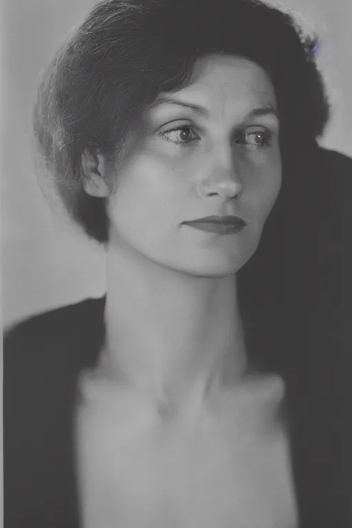 Prompt: photo portrait of jane watson, head centered portrait, enigmatic, smiling, head in focus, shot with hasselblad, 5 0 mm lens, photography, very soft diffuse lights, by yousuf karsh and man ray, fine film grain, dark smoky background