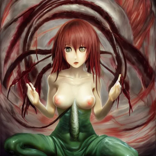 Image similar to saya (from saya no uta) trying to eat you hd 8k hyperreality art by urobuchi gen, aramaki shinji, bodyhorror, meat, blood