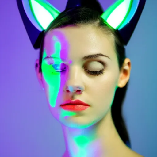 Image similar to Profile face angle of a cute young woman with robot ears and eyes, 4k, sharp focus, neon colored fluorescent lighting, Andreas Rocha