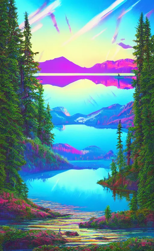 Image similar to beautiful award winning synthwave painting of a canadian lake, extreme detail, digital art, 4 k, ultra hd