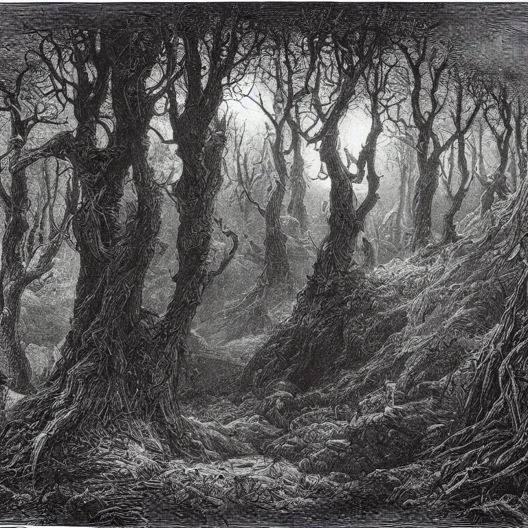 Prompt: an engraving of the interior of a tangled forest at night, a knight stands on an outcropping in the distance, wistman ’ s wood by gustave dore, john blanche, ian miller, highly detailed, strong shadows, depth, illuminated focal point