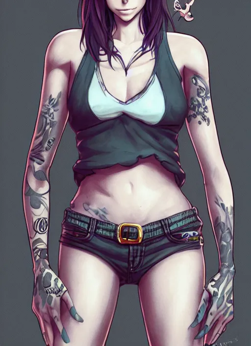 Image similar to character portrait of a anthro opossum girl fursona wearing a tanktop and shorts with arm tattoos. Character design by charlie bowater, ross tran, artgerm, and makoto shinkai, detailed, inked, western comic book art