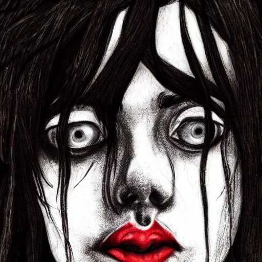 Prompt: grunge drawing of billie eilish in the style of the grudge