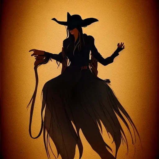 Image similar to beautiful cowboy witch, wild west, minimalist, concept art, colored pencil drawing, trending on artstation