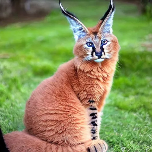 Image similar to cute fluffy caracal as a cat dressed in dress