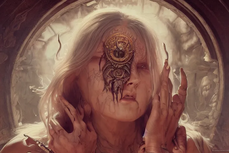 Image similar to portrait painting of evil demonic cult member, ultra realistic, concept art, intricate details, eerie, highly detailed, photorealistic, octane render, 8 k, unreal engine. art by artgerm and greg rutkowski and alphonse mucha