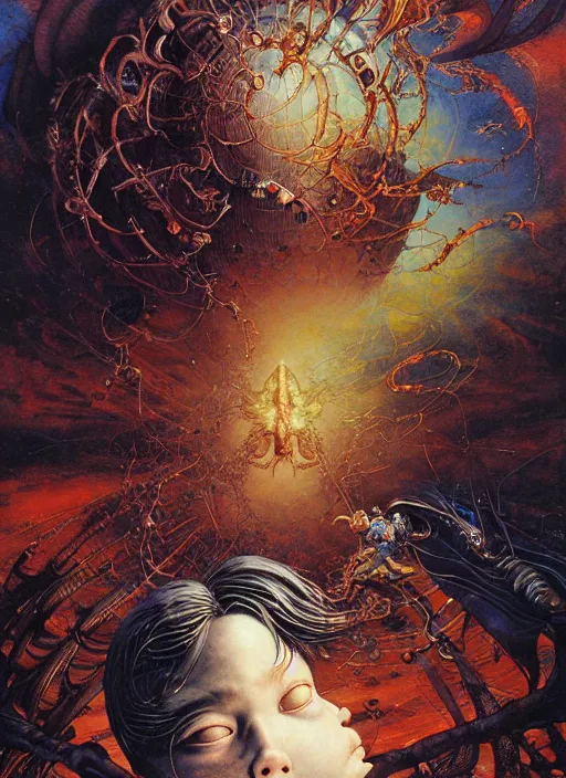 Prompt: a boy looking towards the stars at a giant cockroach in the sky by ayami kojima, amano, karol bak, greg hildebrandt, and mark brooks, neo - gothic, intricate, rich deep colors. beksinski painting, part by adrian ghenie and gerhard richter. part by takato yamamoto. 8 k masterpiece